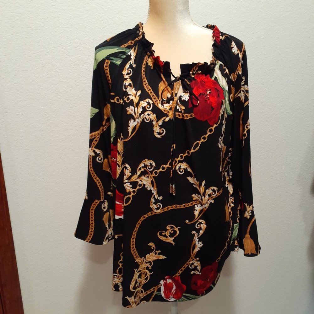 Susan Graver Floral Gold Chain Red, Black Peasant style blouse shirt - Size XL